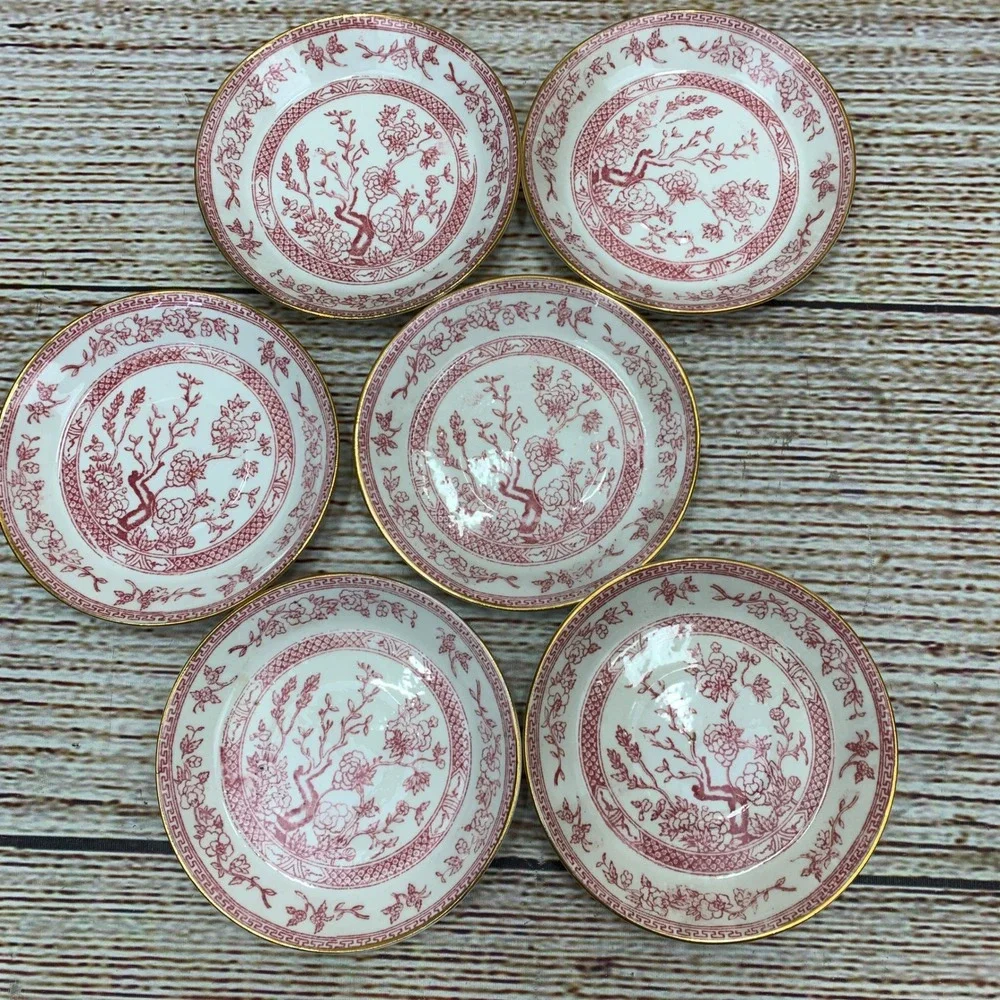 Antique Red Floral‎ Tea Cups and Saucers Set of 4 Orchid China Vintage
